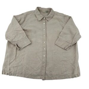 Linden Hill Womens 2X Linen Button Down Shirt Beige 3/4 Sleeve Oatmeal Top Comfy